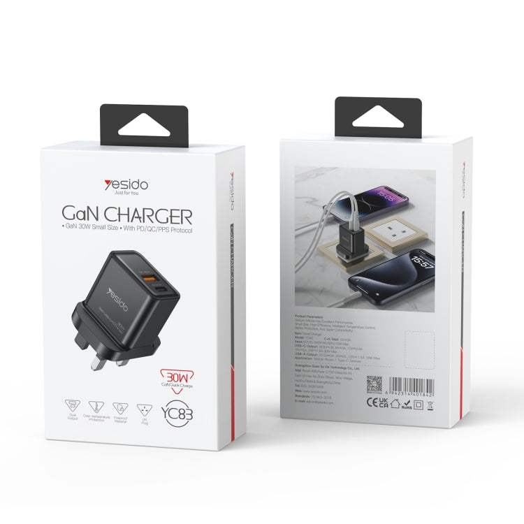 Yesido YC83 PD 30W USB-C/Type-C+USB Interface GaN Fast Charging Charger(UK Plug) by Yesido