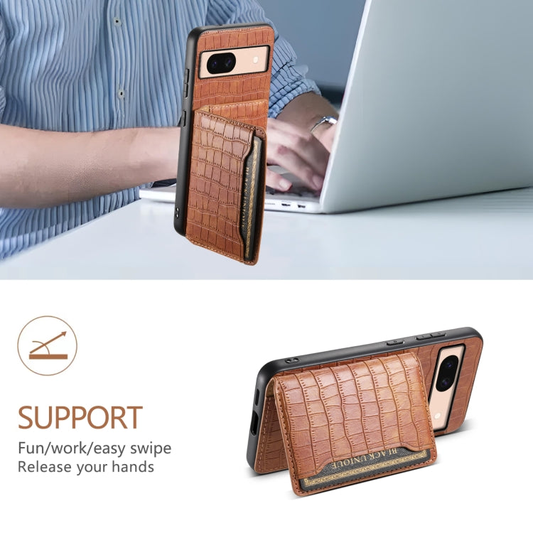 For Google Pixel 8a Crocodile Texture Card Bag Design Full Coverage Phone Case(Brown) by buy2fix