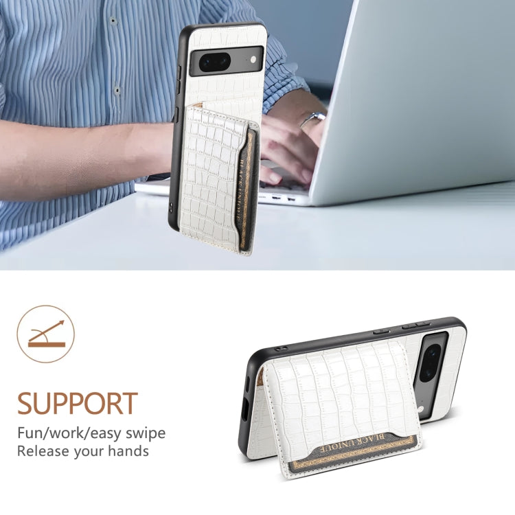 For Google Pixel 7 5G Crocodile Texture Card Bag Design Full Coverage Phone Case(White) by buy2fix