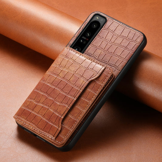 For Sony Xperia 1 IV Crocodile Texture Card Bag Design Full Coverage Phone Case(Brown) by buy2fix
