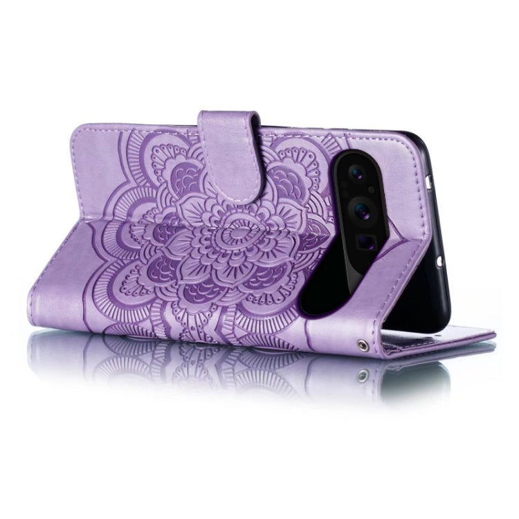For Google Pixel 9 Pro Sun Mandala Embossing Pattern Phone Leather Case(Purple) by buy2fix