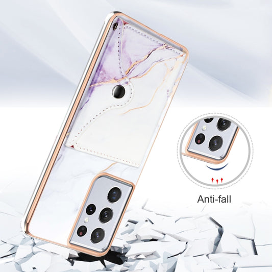 For Samsung Galaxy S21 Ultra 5G Marble Pattern IMD Card Slot Phone Case(White Purple) by buy2fix