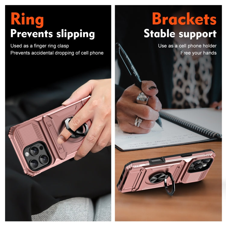 For iPhone 16 TPU+PC Shockproof Card Phone Case with Metal Ring Holder(Rose Gold) by buy2fix