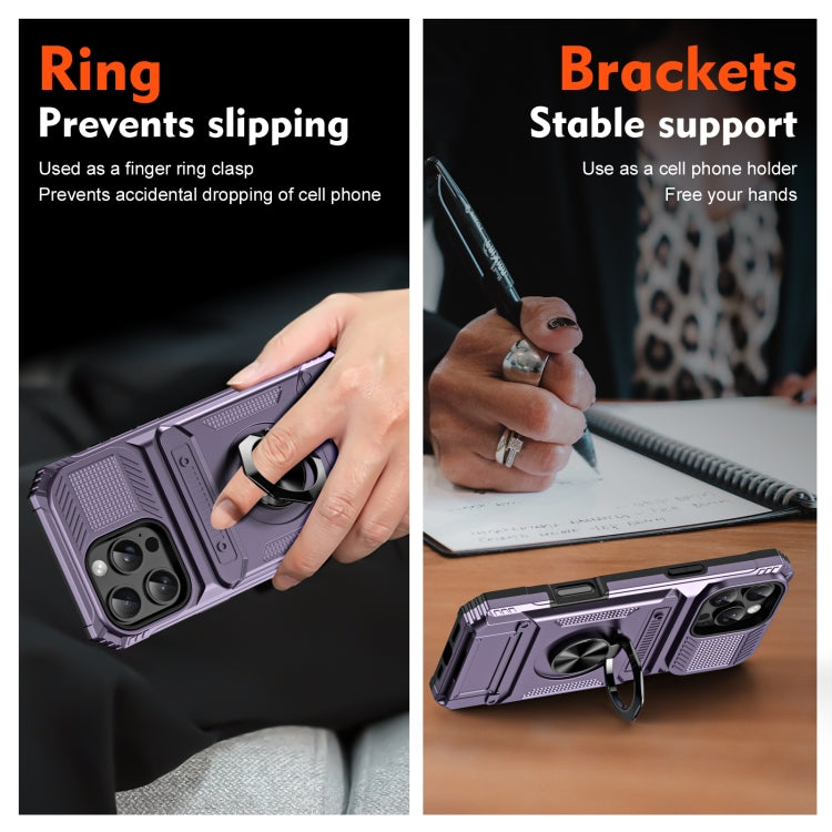 For iPhone 16 Plus TPU+PC Shockproof Card Phone Case with Metal Ring Holder(Purple) by buy2fix