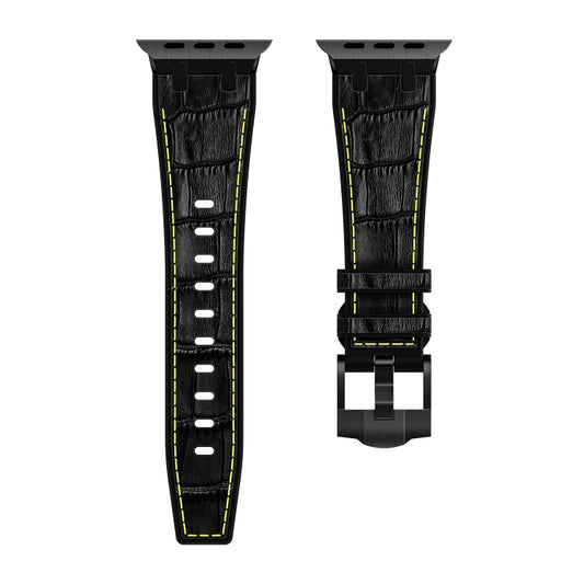 For Apple Watch Series 8 45mm Crocodile Texture Liquid Silicone Watch Band(Black Yellow Black) by buy2fix