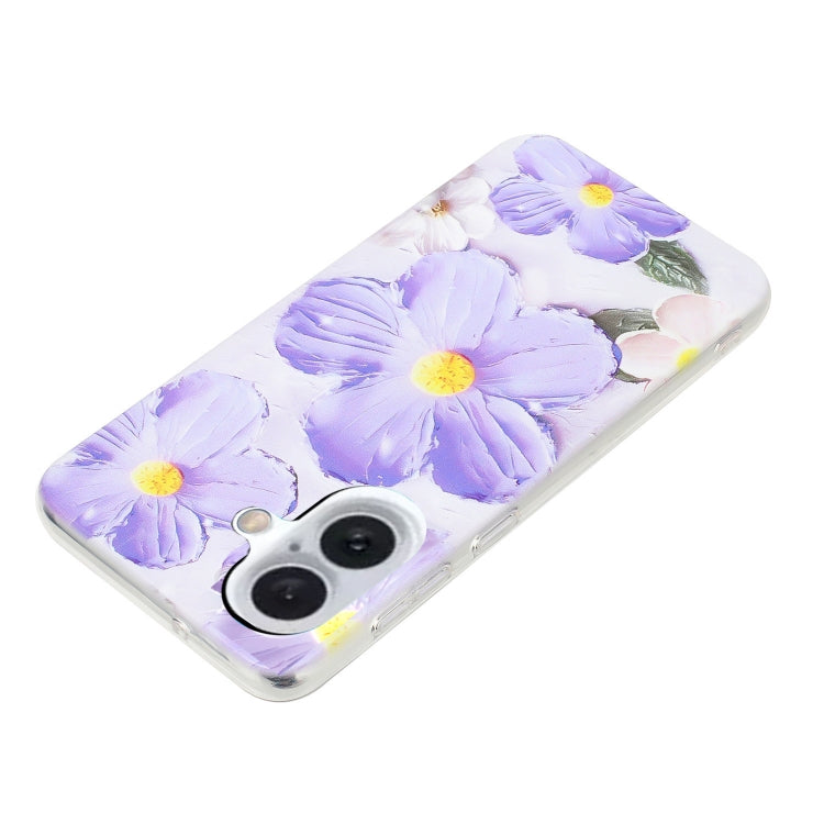 For iPhone 16 Plus Colorful Painting Pattern TPU Phone Case(Purple Flowers) by buy2fix