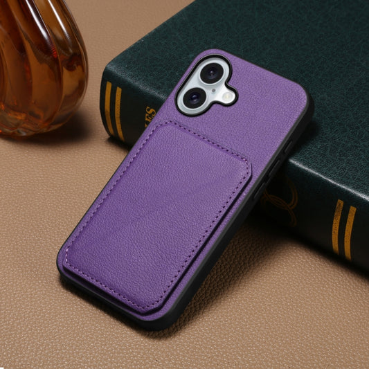 For iPhone 16 D04 Calf Texture Dual Card Slot Holder Phone Case(Purple) by buy2fix