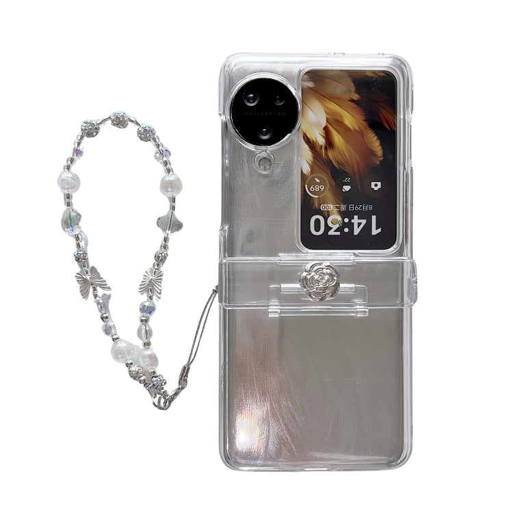 For OPPO Find N3 Flip Skin Feel PC Feather Gauze Glitter Paper Camellia Phone Case with Bracelet(Transparent) - OPPO Cases by buy2fix | Online Shopping UK | buy2fix