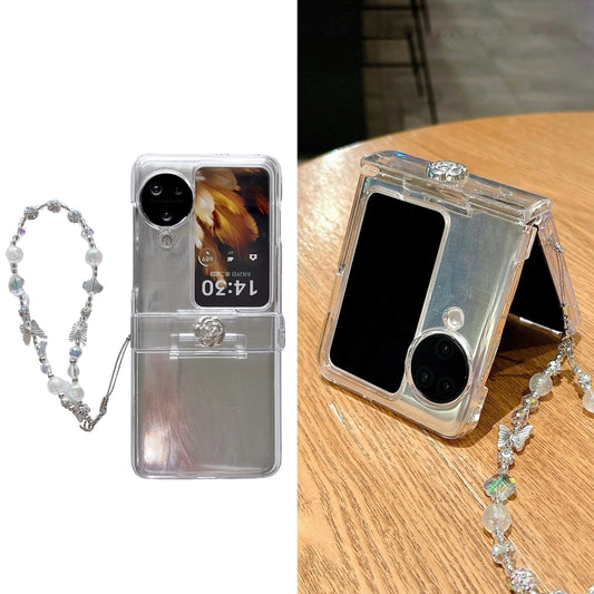 For OPPO Find N3 Flip Skin Feel PC Feather Gauze Glitter Paper Camellia Phone Case with Bracelet(Transparent) by buy2fix