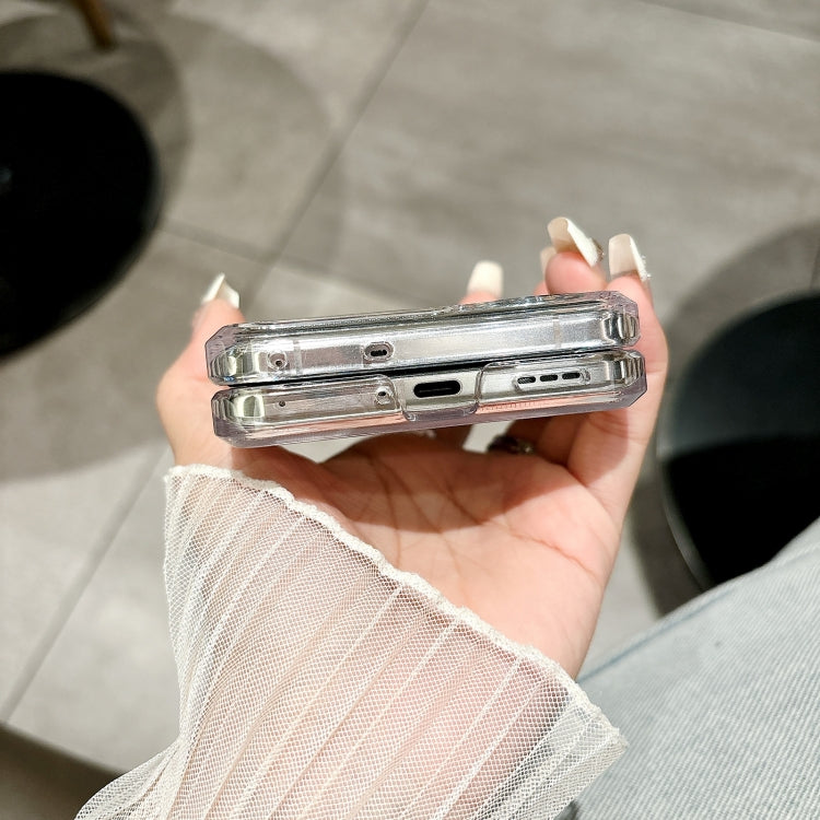 For OPPO Find N3 Flip Skin Feel PC Feather Gauze Glitter Paper Camellia Phone Case with Bracelet(Transparent) - OPPO Cases by buy2fix | Online Shopping UK | buy2fix