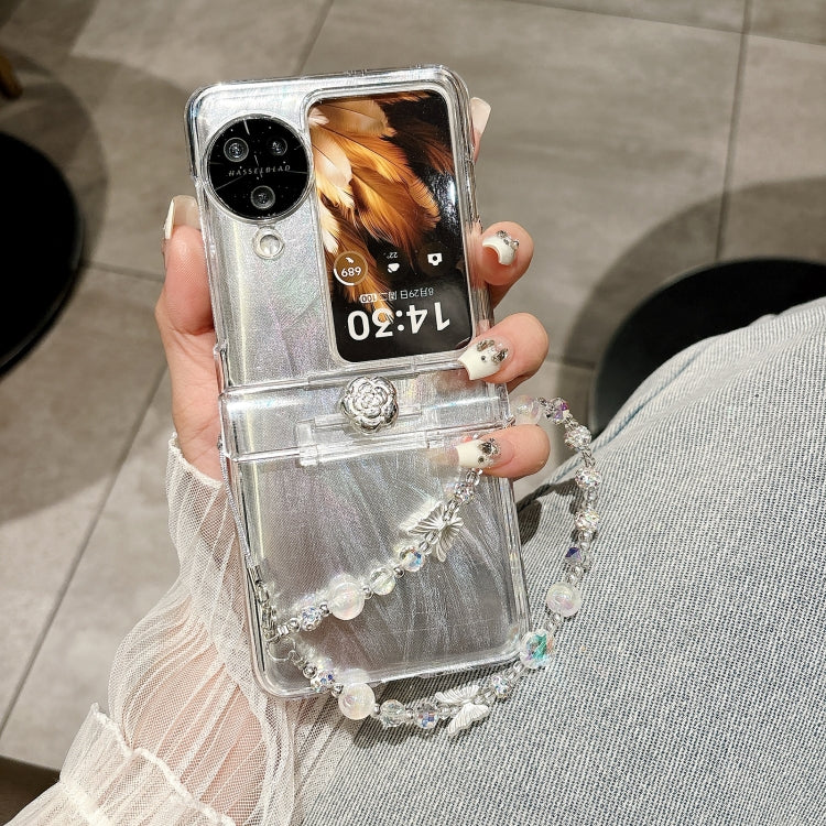 For OPPO Find N3 Flip Skin Feel PC Feather Gauze Glitter Paper Camellia Phone Case with Bracelet(Transparent) - OPPO Cases by buy2fix | Online Shopping UK | buy2fix