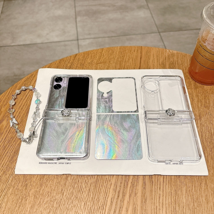 For OPPO Find N2 Flip Skin Feel PC Feather Gauze Glitter Paper Camellia Phone Case with Bracelet(Transparent) by buy2fix