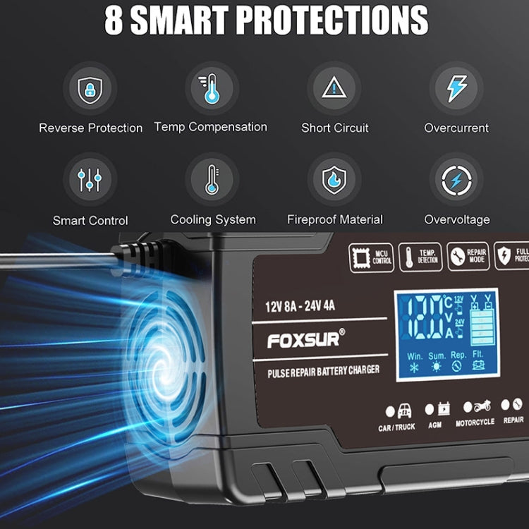 FOXSUR 8A 12V 24V Car / Motorcycle Smart Battery Charger, Plug Type:US Plug(Black) by FOXSUR