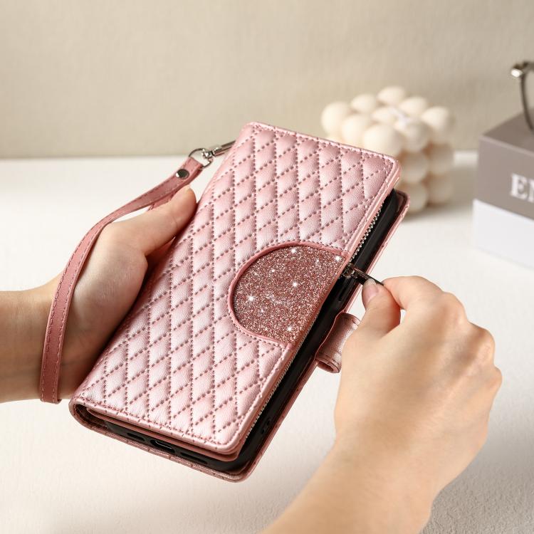 For iPhone 16e Glitter Lattice Zipper Wallet Leather Phone Case(Rose Gold) - iPhone 16e Cases by buy2fix | Online Shopping UK | buy2fix