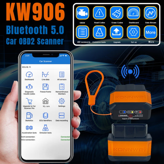 KONNWEI KW906 Bluetooth 5.0 Car OBD2 Scanner Support Android & iOS(Black Red) by KONNWEI