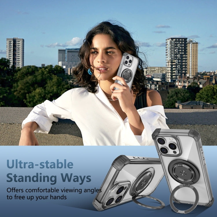 For iPhone 15 Pro Gold Shield CD Pattern MagSafe Magnetic Phone Case with Rotating Stand(Transparent Black) by buy2fix