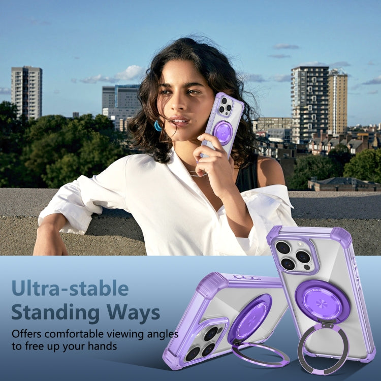 For iPhone 14 Pro Gold Shield CD Pattern MagSafe Magnetic Phone Case with Rotating Stand(Transparent Purple) by buy2fix