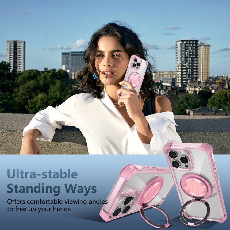 For iPhone 16 Pro Max Gold Shield CD Pattern MagSafe Magnetic Phone Case with Rotating Stand(Transparent Pink) by buy2fix