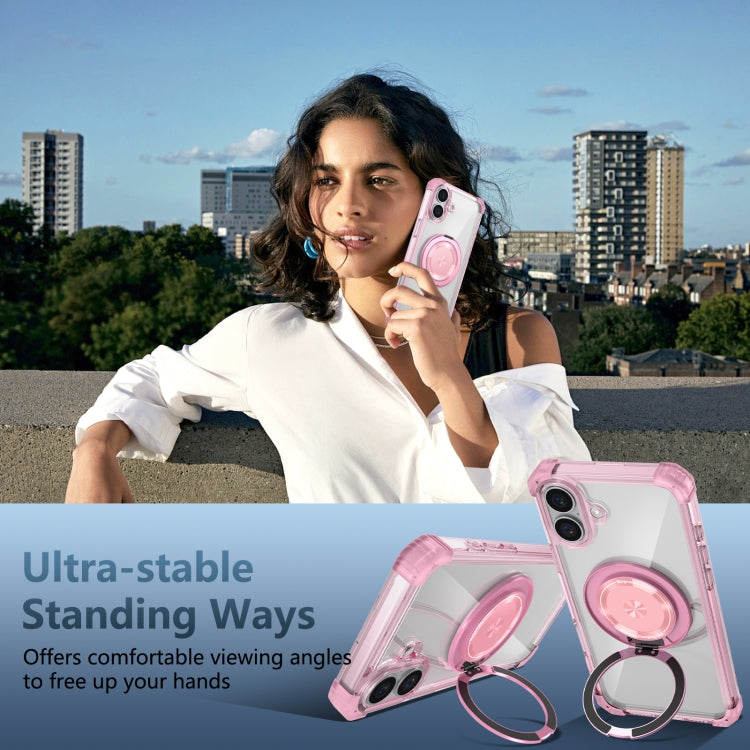 For iPhone 16 Gold Shield CD Pattern MagSafe Magnetic Phone Case with Rotating Stand(Transparent Pink) by buy2fix