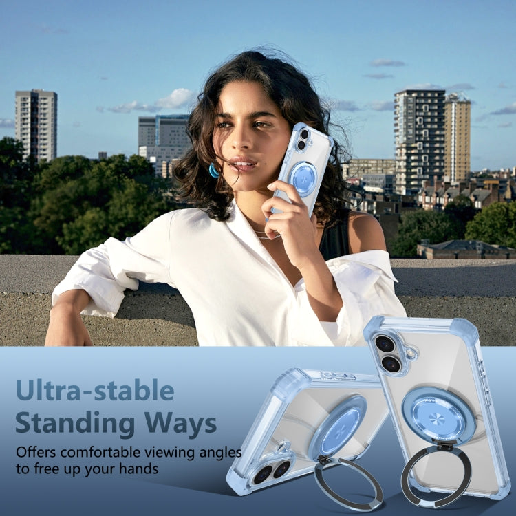For iPhone 16 Gold Shield CD Pattern MagSafe Magnetic Phone Case with Rotating Stand(Transparent Blue) by buy2fix