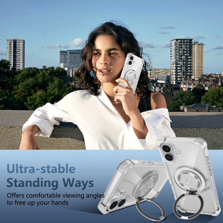 For iPhone 16 Gold Shield CD Pattern MagSafe Magnetic Phone Case with Rotating Stand(Transparent) by buy2fix