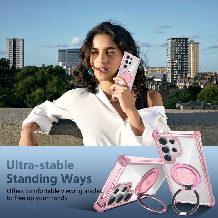 For Samsung Galaxy S24 Ultra 5G Gold Shield CD Pattern MagSafe Magnetic Phone Case with Rotating Stand(Transparent Pink) by buy2fix