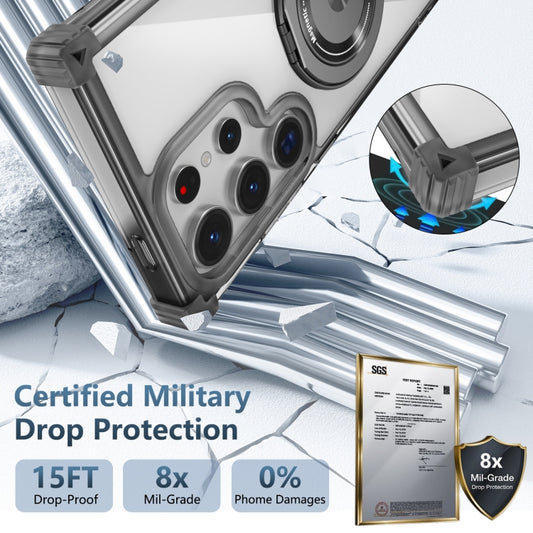 For Samsung Galaxy S22 Ultra 5G Gold Shield CD Pattern MagSafe Magnetic Phone Case with Rotating Stand(Transparent Black) by buy2fix