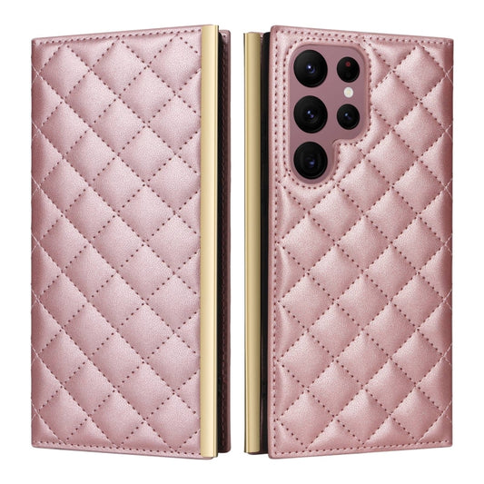 For Samsung Galaxy S22 Ultra 5G Crossbody Rhombic Sucker Leather Phone Case(Rose Gold) by buy2fix