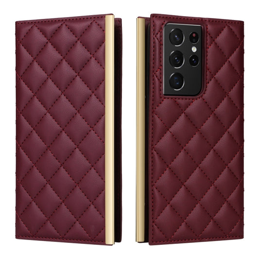 For Samsung Galaxy S21 Ultra 5G Crossbody Rhombic Sucker Leather Phone Case(Claret) by buy2fix