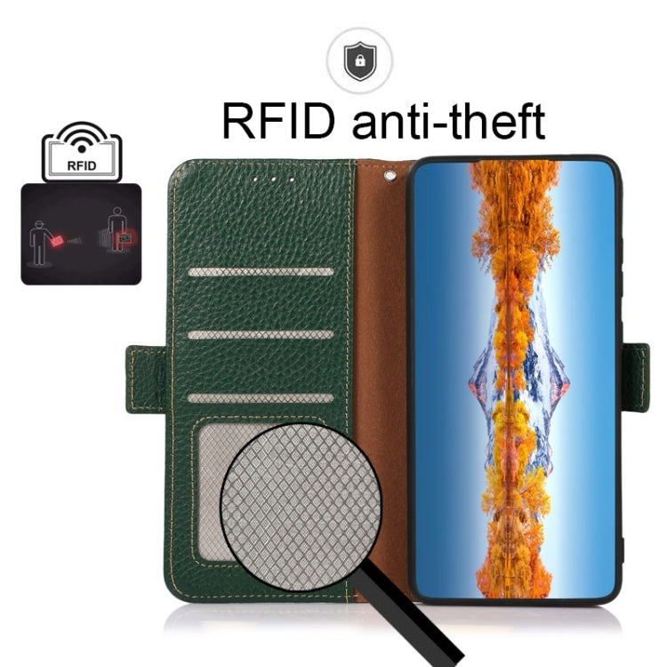 For iPhone 15 KHAZNEH Side-Magnetic Litchi Genuine Leather RFID Phone Case(Green) - iPhone 15 Cases by buy2fix | Online Shopping UK | buy2fix