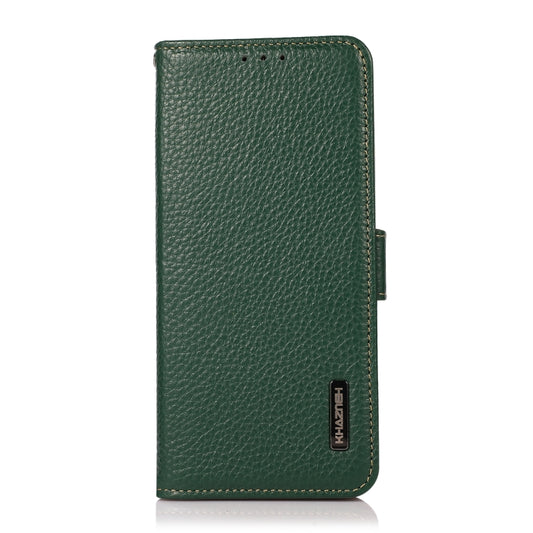 For iPhone 15 Plus KHAZNEH Side-Magnetic Litchi Genuine Leather RFID Phone Case(Green) - iPhone 15 Plus Cases by buy2fix | Online Shopping UK | buy2fix