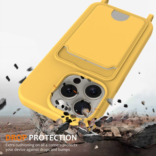For iPhone 16 Pro Max Integrated Card Bag Solid Color Liquid Silicone Phone Case with Lanyard(Yellow) by buy2fix