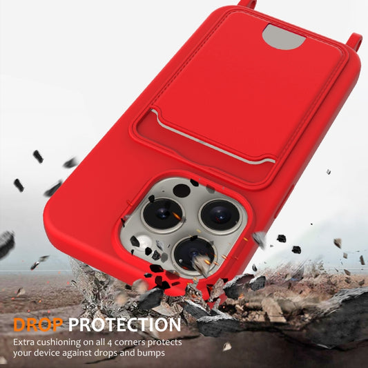 For iPhone 16 Pro Integrated Card Bag Solid Color Liquid Silicone Phone Case with Lanyard(Red) by buy2fix