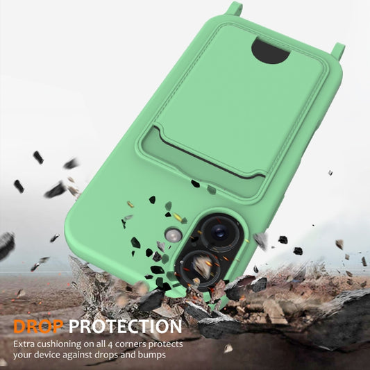 For iPhone 16 Plus Integrated Card Bag Solid Color Liquid Silicone Phone Case with Lanyard(Green) by buy2fix