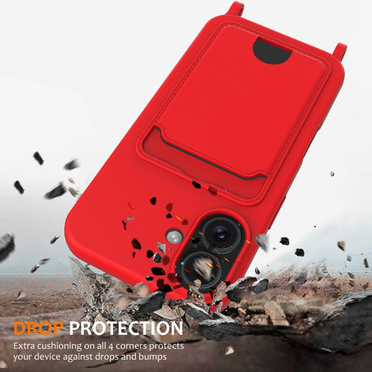 For iPhone 16 Integrated Card Bag Solid Color Liquid Silicone Phone Case with Lanyard(Red) by buy2fix
