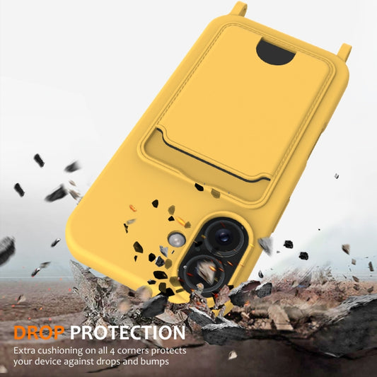 For iPhone 16 Integrated Card Bag Solid Color Liquid Silicone Phone Case with Lanyard(Yellow) by buy2fix