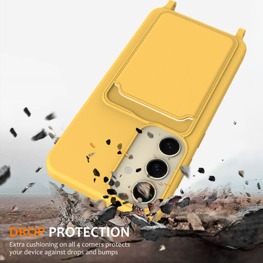 For Samsung Galaxy S24 5G Integrated Card Bag Solid Color Liquid Silicone Phone Case with Lanyard(Yellow) by buy2fix