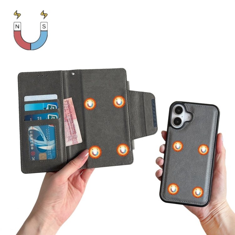 For iPhone 16 Plus Multifunctional 7-Cards Wallet Leather Phone Case(Grey) by buy2fix