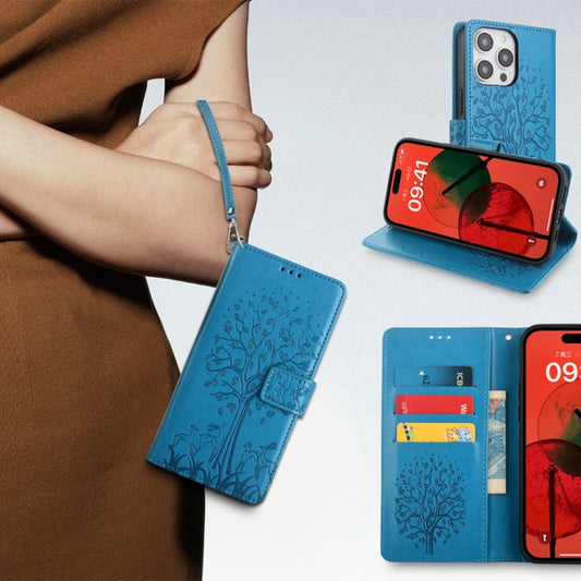 For OnePlus 11 Tree & Deer Embossed Leather Phone Case(Blue) by buy2fix