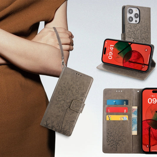 For OnePlus 11 Tree & Deer Embossed Leather Phone Case(Grey) by buy2fix