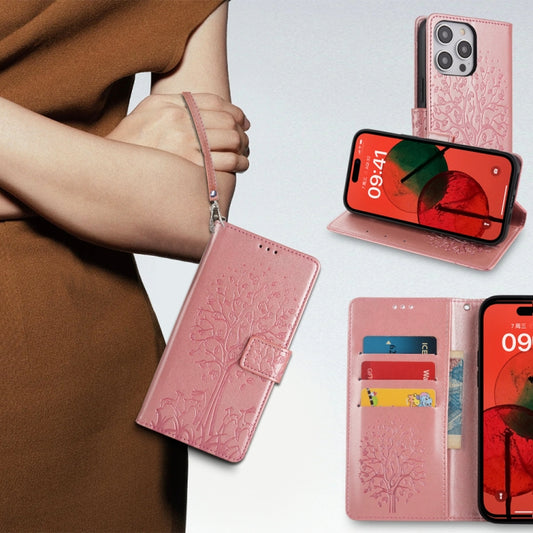 For OnePlus 11 Tree & Deer Embossed Leather Phone Case(Rose Gold) by buy2fix