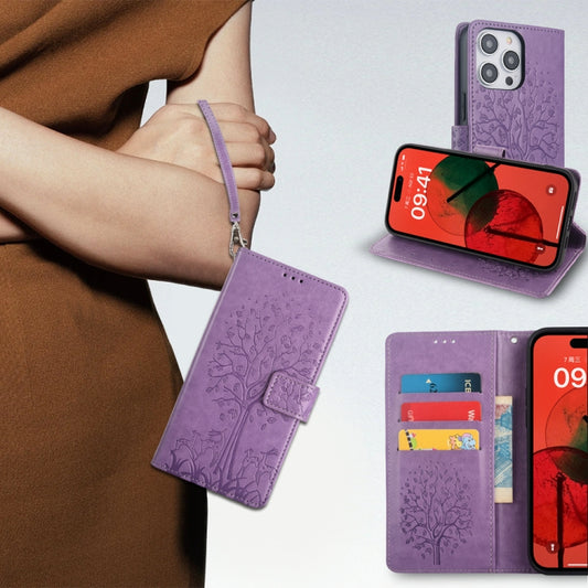 For OnePlus 11 Tree & Deer Embossed Leather Phone Case(Purple) by buy2fix