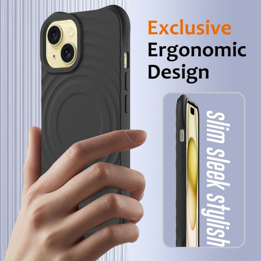 For iPhone 15 Wave Texture MagSafe Magnetic Liquid Silicone Phone Case(Black) by buy2fix