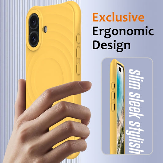 For iPhone 16 Plus Wave Texture MagSafe Magnetic Liquid Silicone Phone Case(Yellow) by buy2fix
