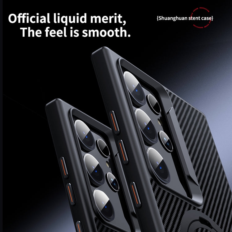 For Samsung Galaxy S24 Ultra 5G Double Ring MagSafe Holder Carbon Fibre Phone Case(Silver) by buy2fix