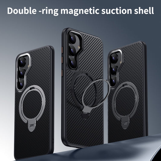 For Samsung Galaxy S25+ 5G Double Ring MagSafe Holder Carbon Fibre Phone Case(Black) by buy2fix
