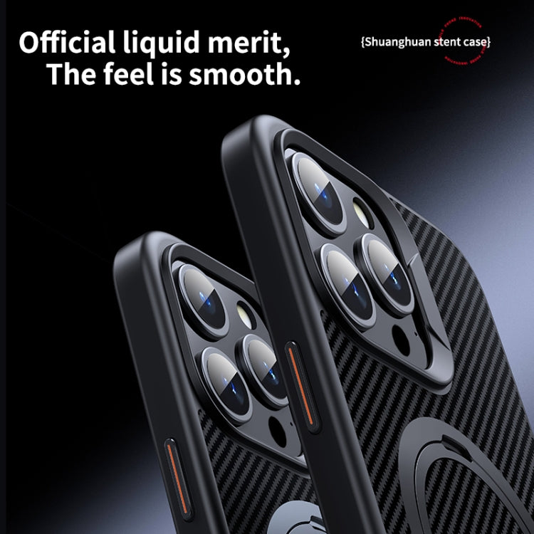 For iPhone 14 Pro Max Double Ring MagSafe Holder Carbon Fiber Phone Case(Black) by buy2fix