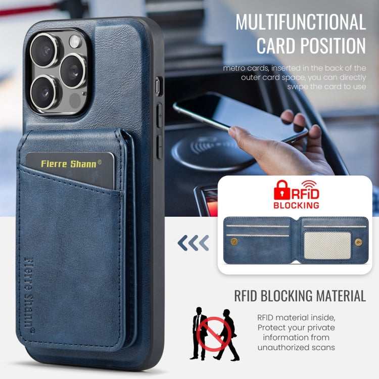 For iPhone 15 Pro Max Fierre Shann Cowhide Vertical Flip Magnetic Card Holder Phone Case(Blue) by FIERRE SHANN