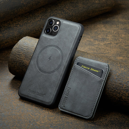 For iPhone 11 Pro Max Fierre Shann Cowhide Vertical Flip Magnetic Card Holder Phone Case(Grey) - iPhone 11 Pro Max Cases by FIERRE SHANN | Online Shopping UK | buy2fix