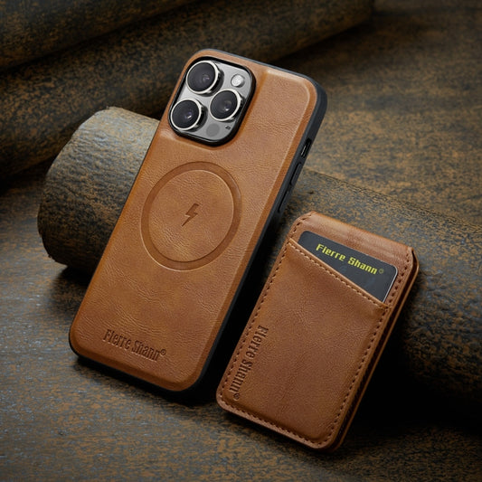 For iPhone 16 Pro Fierre Shann Cowhide Vertical Flip Magnetic Card Holder Phone Case(Brown) by FIERRE SHANN